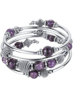 Chic Beaded Chakra Bangle Bracelet - Turquoise & Silver Metal Wrap Jewelry, Gift